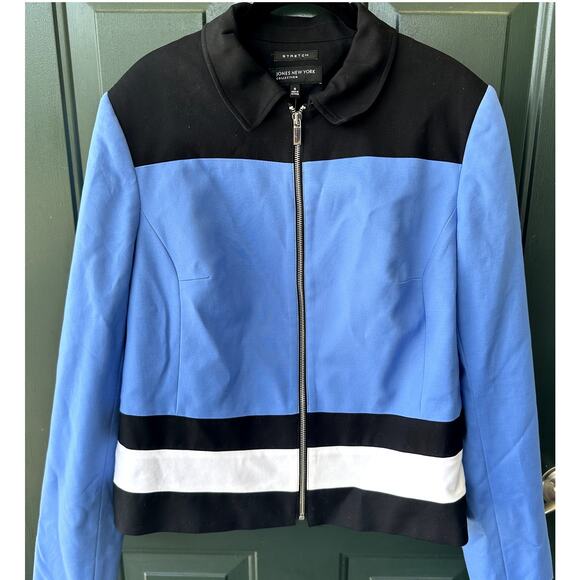 NWT Jones NY Collection Sz 16 Zip Front Blazer Jacket Blue Black Career Office - Picture 1 of 8